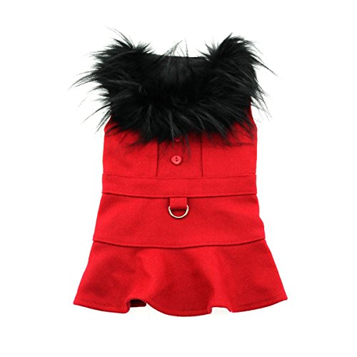 Doggie Design Wool Fur Trimmed Dog Harness Coat with Leash (S, Red)