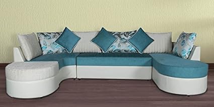 Zikra Five Seater L-Shaped Sofa (White and Green)