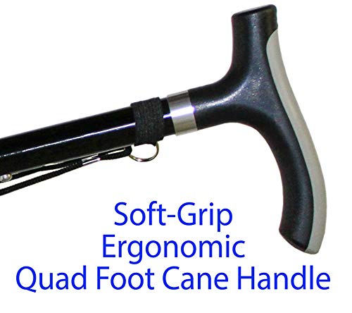 RMS Folding Cane with Quad Base - Foldable and Collapsible Quad Cane - Lightweight Aluminum Offset Cane - Adjustable Walking Stick with Wrist Strap and Ergonomic Derby Handle (Black)