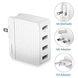 PISEN USB Travel Adaptor - Universal 4 USB Wall Charger with US/UK/EU Plugs 20W for iPhone iPad Android Samsung Phones, Tablets and Kindle (White)