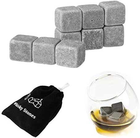 Whiskey Rocks Set of 9 GIFT SET! Stocking Stuffer! Grey Beverage Chilling ICE Stones [Chill Rocks] GROOMSMEN Black Friday Whiskey Stones for Whiskey and other Beverages - in FREE Velvet Carrying Pouch