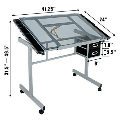 9TRADING Adjustable Hydraulic Salon Stool Chair +Drafting Table Craft Station with Glass Top - Thumbnail 3