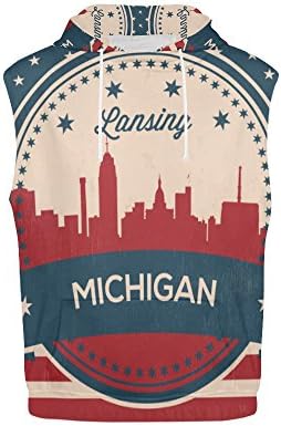 American Flag Michigan State LansinVintage Skyline Men's 4D Printed Sleeveless Hoodie