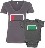 Threadrock Full and Low Battery Infant Bodysuit & Women's V-Neck T-Shirt Set (Baby: 6M, Charcoal|Women's: M, Charcoal)