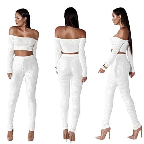 Jushye Women's Tracksuit, Ladies Off Shoulder Fashion Split 2 Piece Set Casual Bodycon Casual Outfit Sportswear (White, 2XL)
