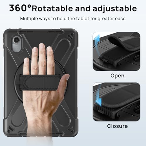 Gerutek Anti-Drop Case for Lenovo Idea Tab 11 Inch 2025/Tab K11 Gen 2/Tab M11/Xiaoxin Pad 11", Rugged Case with Screen Protector, Rotating Stand, Hand/Shoulder Strap, Pencil Holder, Black