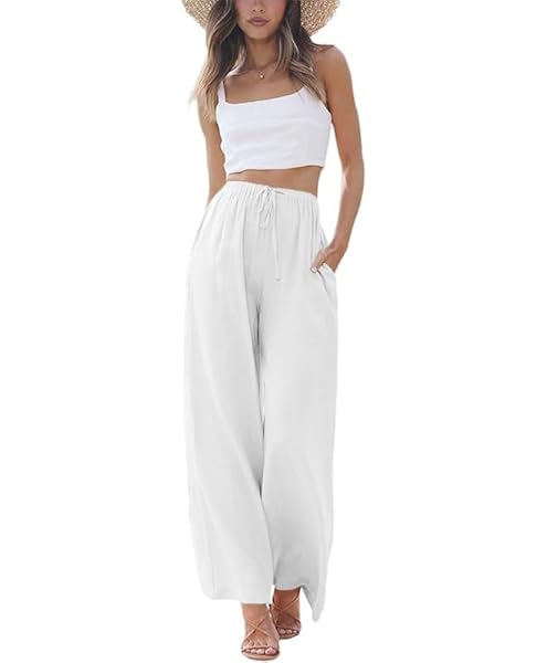 PURPEARL LINEN PANTS WOMEN SUMMER PALAZZO PANTS FLOWY WIDE LEG BEACH TROUSERS WITH POCKETS WHITE