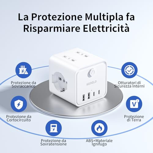 Power Strip with 4 Universal Sockets 10/16A ITA and Schuko, Power Strip with 2 USB A+2 USB C, Multiple Plug Flat Space-Saving with Switches for Home, Office, Black