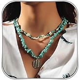 Chennie Boho Turquoise Choker Necklace Gold Layered Necklaces Coin Pendant Handmade Chain Beach Jewelry for Women