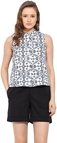 Saiesta Women's All Over Ikat Print Sleeveless High Neck White Top XS