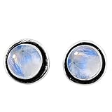 8x8mm Round Genuine Rainbow Moonstone & 925 Silver Plated Stud Earrings
