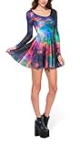 Jescakoo Women's 3d Galaxy Print One Piece Long Sleeve Pleated Short Dress S-XL