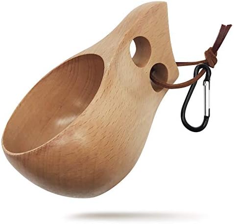 MEQI Wooden Cup/Nordic Kuksa Portable Outdoor Camping Drinking Cup/Traditional Coffee Mug with Leather Lanyard