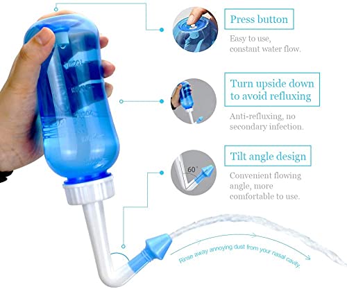 Waterpulse Neti Pot Sinus Rinsing,Nasal Wash Bottle Sinus Rinsing Bottle Cleaner Pressure Irrigation Neti-Pot with Sticker Thermometer for Adult & Kid (300ml with 30 Nasal Wash Salt Packets,Blue)