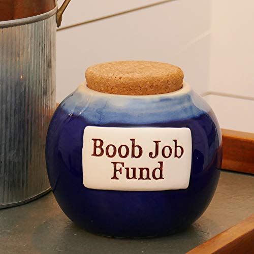 Tumbleweed Cottage Creek - Jars - Boob Job Fund - Blue Round Ceramic Jar with Cork Lid - Gifts for Women - Funny Gifts - Piggy Bank for Women