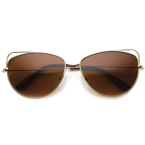 zeroUV - Women's Metal Wire Cut Out Slim Temple Cat Eye Sunglasses 58mm (Gold / Brown)
