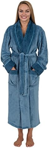 Women's 48" Spa Style Full Length Robe with Velvet Tonal Pockets, Collar &amp; Cuffs (Medium, Sky Blue)