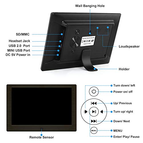 Digital Photo Frame, 10 inch Digital Picture Frame HD 1920x1080 16: 10 Full IPS Display Photo/Music/Video/Calendar, Auto On/Off Timer, Background Music Support 32GB USB Drives/SD Card,Remote Control