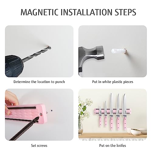 hecef 5 Pieces Kitchen Knives with Magnet Knives Organizers (33 cm), Professional Stainless Steel Kitchen Knives Set with Magnetic Bar Knives (Pink)