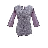 Womens Indie Tunic Purple Floral Embroidered Cotton Kurti Shirt Blouse M