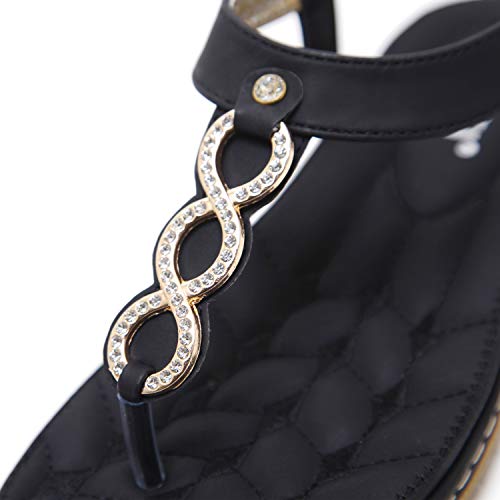 DolphinBanana Women's Glitter Rhinestone T Strap Summer Blingbling Simple Gold Rings Flat Thong Sandals, Black Flip Flops Shiny Gem Shoes for Dressy Casual Jeans Daily Wear and Beach Vacation
