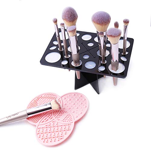 DIOLAN Makeup Brush Cleaning Mat & Makeup Brush Drying Rack, Makeup Brush Cleaner, 28 Holes Makeup Brush Holder, Silicone Rubber Clover Shaped Mat - Pink
