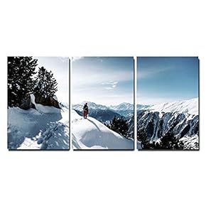 3 Piece Canvas Wall Art - Winter Landscape with a Man Standing on The Snow Mountain Peak - Modern Home Art Stretched and Framed Ready to Hang - 16"x24"x3 Panels