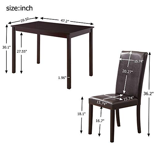 Rhomtree 5 Pieces Dining Set Home Kitchen Table and Chairs Wood Home Dining Room Furniture with 4 Faux Leather Cushioned Chairs Breakfast Furniture (Espresso)