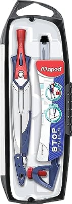Maped - material escolar - caixa sistema de parada 3 peças - bússola escolar de precisão - inclui 1 pinça universal e 1 estojo de chumbo - sistema de travamento de braço