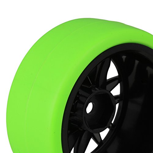 Mxfans Black Plastic 14 Spoke Wheel Rims and Green Drift Smooth Tyres for RC 1:10 On Road Racing Car Set of 4