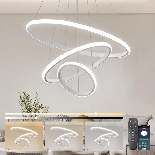 KSIBNW Chandelier LED Chandelier, Modern Chandelier Living Room Dimmable 2700K-6500K Pendant Lamp with Remote Control & APP Control 3 Rings White Hanging Lights Adjustable