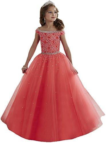 XXIBEI Big Girls' Bateau Crystal Floor Length Pageant Gowns 8 US Coral