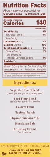 SIMPLE MILLS VEGGIE PITA CRACKERS, HIMALAYAN SALT – GLUTEN FREE, VEGAN, HEALTHY SNACKS, PALEO FRIENDLY, 4.25 OUNCE (PACK OF 1)