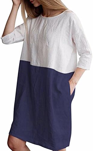 YOUBENGA Women's Plus Size 3/4 Sleeve Loose Cotton Linen Top Shirt Dress S-2XL