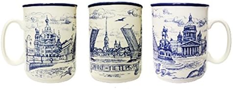 Tea & Coffee Porcelain Mug Gzhel "Church of the Savior on Blood/Bridge/Saint Isaac's Cathedral" (M-1) Russian Traditional Souvenir, Size 3.75"