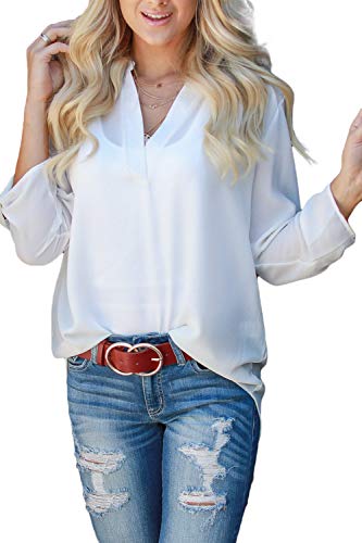 Allimy Women Fall Casual Cuffed Long Sleeve V Neck Chiffon Tops Blouses White Large