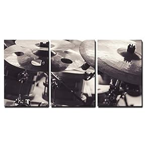 3 Piece Canvas Wall Art - Closeup View of Cymbals in Black and White. - Modern Home Art Stretched and Framed Ready to Hang - 16"x24"x3 Panels