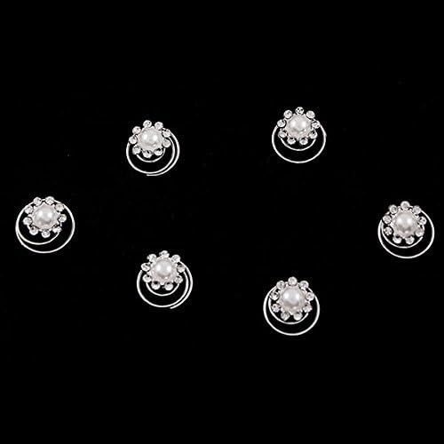 Rhinestone Flower with Glass Pearl Center Spiral Bridal Hair Pin (Set of 6)