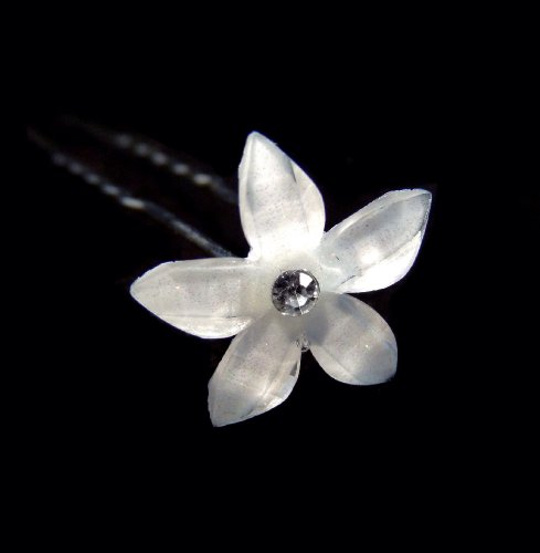 White Flower Hair Pins with Rhinestone Crystal for Wedding, Prom, Dance and Special Event (Set of 8)