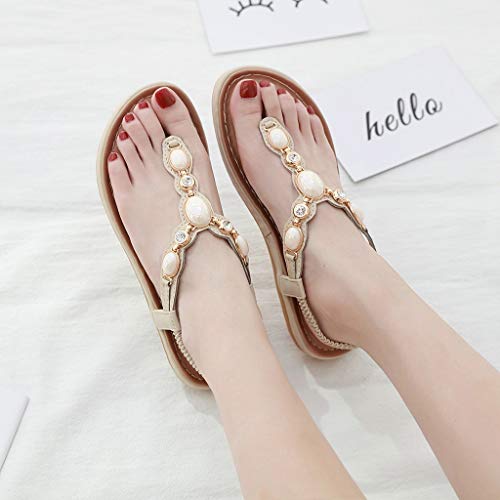 Summer Shoes for Women, ❤️ FAPIZI Vintage Boho Flat Flips Flop Sandals Crystal Casual Roma Shoes T-Strap Sandals Khaki