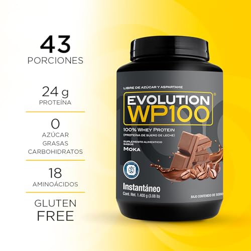 EVOLUTION, Proteína de Suero de Leche, WP100, Whey Protein, 18 Aminoácidos, Sin Gluten, Sugar Free, Post Workout, Sabor Moka, 43 Porciones, 1400g
