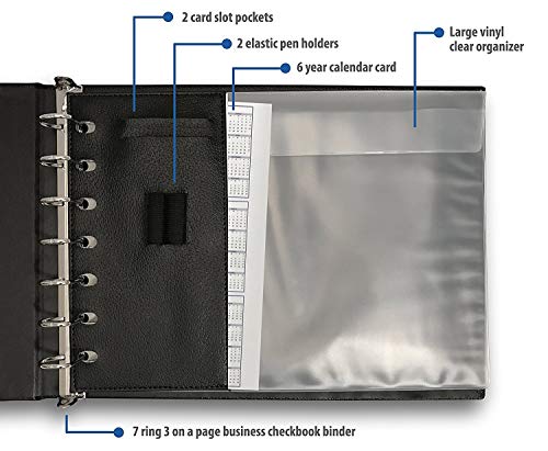 Premium 7 Ring Business Check Binder for 3 on a Page Checks - Large Storage Pouch, Calendar, and Pen Included, | 600 Check / 200 (9" x 13") Sheet Capacity, Black
