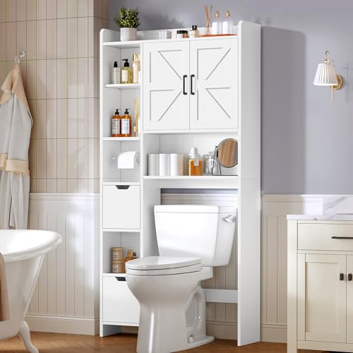 TEENFON Over the Toilet Storage Cabinet with 2 Removable Drawers, Above Toilet Storage Cabinet with 10 Storage Shelves, Taller Wooden Free Standing Bathroom Storage, Laundry Room Storage Shelf, White