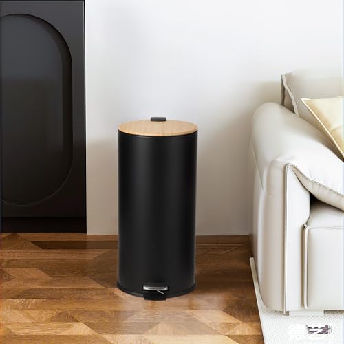 30L Stainless Steel Trash Can with Bamboo Lid, Pedal - Operated Garbage Bin with Removable Inner Bucket for Kitchen, Bathroom, Small Spaces