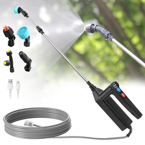 SYLSTAR Battery Powered Sprayer 8M Hose, 26.2inch Electric Weed Sprayer Wand, 3 Adjustable Spraying Force & Battery Indicator, 4 Nozzles, 7.4V Rechargeable Garden Lawn Plant Spray Handle