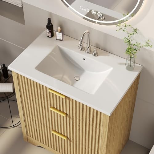 Farmhouse Bathroom Vanity 30", Fluted Freestanding Cabinet with Sink, 2 Drawers, Flip-Down Drawer, Natural Oak, Easy to Clean Natural Wood