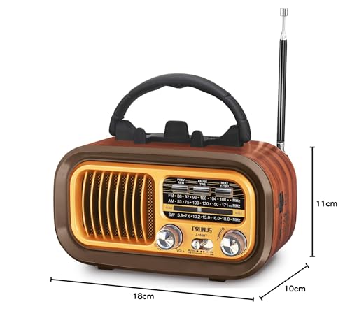 PRUNUS J-150 Vintage Retro FM/Am/SW Radio, Rechargeable Small Portable Radio 1200mAh, or Works with 2 D Batteries, Transistors Radios with Bluetooth, USB/TF Player of 5W.