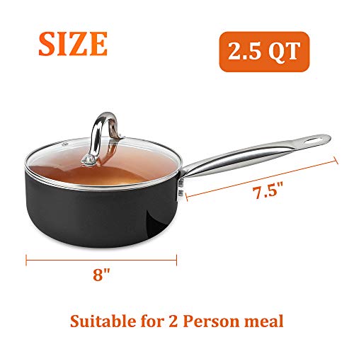 SHINEURI 2.5 Quart Nonstick Ceramic Copper Saucepan, Mini Sauce Pan with Lid & Stainless Steel Handle - Cooking for Soup, Stew, Sauce & Reheat Food, Compatible for Induction, Gas, Electric & Stovetops