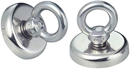 Powerful Neodymium Magnetic Hooks NACTECH D1.26''X H1.38'' Heavy Duty Fishing Magnets with Eyebolt 65 LB Pulling Forces for Stroke Light, Hanging, Lockers, Office, Refrigerator 2 Packs