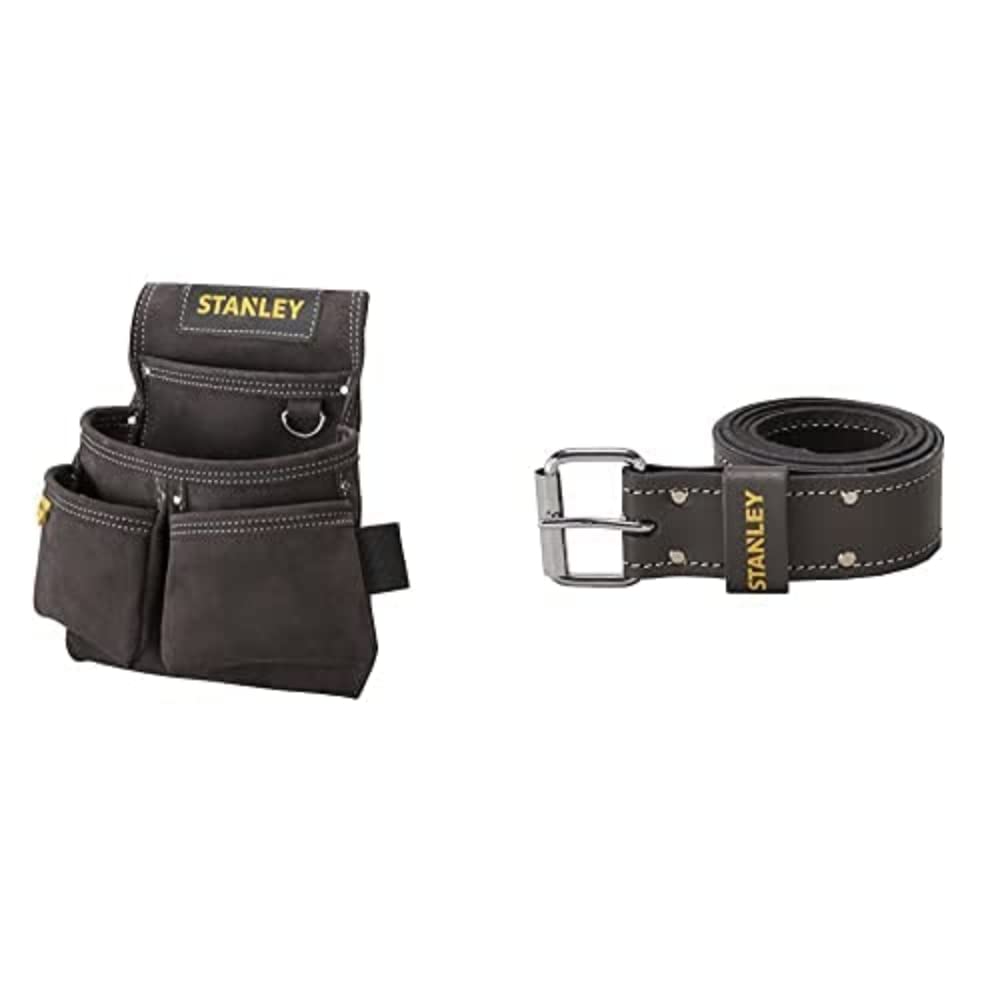 STANLEY Leather Belt, Dark Brown with Leather Double Nail Pocket Pouch, Black